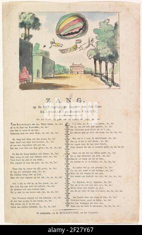 Ballonvaart van Blanchard, 1807; Zang, op de 62ste ongelukkige Lugtreis van den Heer Blanchart en deszelfs vrouw.Taking off the hot air mongolfiera con Jean Pierre Blanchard e sua moglie Marie Madeleine Sophie Armant dal Koekamp all'Aia, 9 luglio 1807. Nello spettacolo, entrambi cadono fuori dal mongolfiera. Sotto l'immagine una canzone spot in dodici versetti regolamentati su Blanchard e sua moglie. Foto Stock