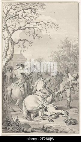 Caduta mortale di Willem III del suo cavallo, 4 marzo 1702. La caduta mortale di Re Willem III durante una festa di caccia, 4 marzo 1702. Il re cade dal suo cavallo, con spettatori scioccati. Progettare una stampa. Foto Stock