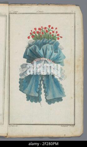 News Modes Store in francese e inglese, 10 novembre 1787, 36° notebook, 2° anno, pl. 3.Arge cappello di Blue Crepe con lunghi scivoli e un tocco Poppies. La Stampa fa parte del 36° Cahier, 2° anno, dal nuovo negozio di nuove modalità francese e inglese. La serie è composta da 172 stampe di moda, pubblicate da Buisson, Parigi, dal 20 novembre 1786 al 21 dicembre 1789. Foto Stock