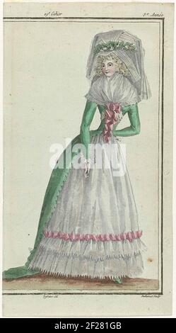 News Archivio Notizie in francese e inglese, 30 agosto 1788, 3° anno, 29° quaderno, pl. 3.Donna in Rescueote di Taffeta verde mela, decorata con nastri rosa. Gonna di 'Lino degli occhi', depositata con strisce di tessuto pieghettate. Dannazione. Cappello grande con Veil. La stampa fa parte di una stampa più grande con Pl. 1, 2 e 3 del 29° quaderno, 3° anno, dalla nuova serie di negozi di nuove modalità in francese e inglese. La serie è composta da 172 stampe di moda, pubblicate da Buisson, Parigi, 20 novembre 1786 - 21 dicembre 1789. Foto Stock