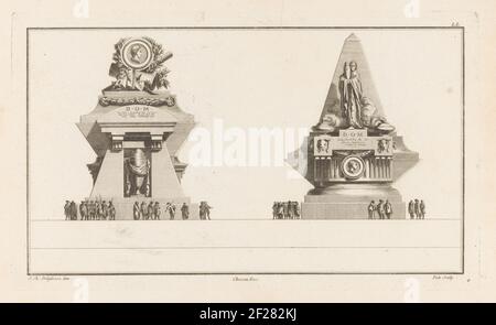 Due tombe; 35th Cahier LL Cahier de Vases, Fontaines et Tombeaux; IIe Volume de l'oeuvre de J. CH. Delafosse (...). A sinistra una tomba con un'urna in una nicchia e un medaglione con ritratto e profilo. A destra una tomba con medaglione rotondo con ritratto e profil, barili, canne di fumo e una donna in piedi con un'urna. Foto Stock