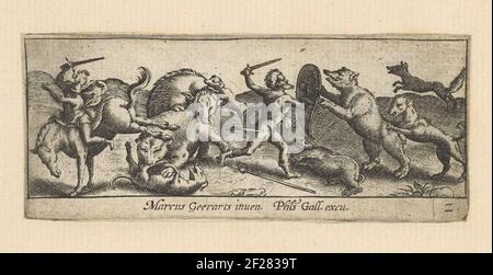 Berenjacht; Jachtscènes.A cacciatore combatte a piedi con uno scudo e pugnale nelle mani contro un orso. Un altro orso morde un cane da caccia mentre un cinghiale attacca l'orso. Sulla sinistra un uomo a cavallo. Questa stampa fa parte di un album. Foto Stock