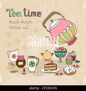 Set di elementi di design Teatime disegnati a mano con una teiera versare il tè caldo su una caraffa di torta di marmellata biscotti dolci e zuccheriera Illustrazione Vettoriale