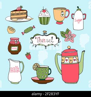 Set da tè vettoriale disegnato a mano e icone di torta con un bollitore o tazza di teiera e miele di limone di piatto in un vaso tazza di zucchero caramello per torte e caraffa di latte Illustrazione Vettoriale