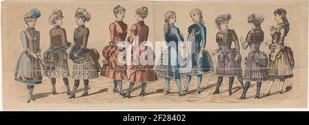 The Young Ladies' Journal, 1883.Ten ragazze, in piedi di fila, in vari abiti e / o ensemble, quattro sono vestite in modo identico e mostrato dalla parte anteriore e posteriore. Alcuni accessori: Cappelli con piume, fascia per capelli, mof, ombrello o ombrello, stivali da nodo. Stampa della rivista The Young Ladies' Journal (Londra 1864-1920). Foto Stock