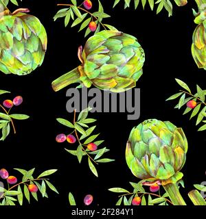 Una perfetta disegno ad acquerello di vibranti di ulivo rami con olive e carciofi, una cucina mediterranea ripeti stampa Foto Stock