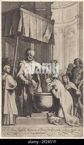 Il Sacro Pietro, con le chiavi in mano, va la Santa prisca di Roma. Prisca si inginocchia per un battesimo con le mani piegate. Pietro versa sopra la testa da una ciotola d'acqua. Una seconda donna si inginocchia dietro prisca e aspetta il suo turno. Foto Stock