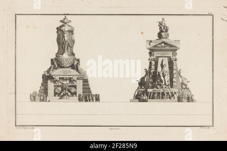 Due fontane; 35th Cahier LL Cahier de Vases, Fontaines et Tombeaux; IIe Volume de l'oeuvre de J. CH. Delafosse (...). A sinistra una fontana con Putti, Bucraniums, una conchiglia, figure veloci e un vaso. Sulla destra una fontana con delfini, polilette, cigni, colonne, una frontone e una donna incoronata. Foto Stock