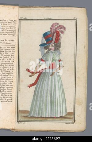 News Negozio di notizie in francese e inglese, 10 novembre 1787, 36° quaderno, 2° anno, pl. Donna in piedi vestita con una 'camicia Vegal' di mussola bianca, un largo nastro rosso come cintura. Sul capo ha 'grande cappello al Tarare'. La Stampa fa parte del 36° Cahier, 2° anno, dal nuovo negozio di nuove modalità francese e inglese. La serie è composta da 172 stampe di moda, pubblicate da Buisson, Parigi, dal 20 novembre 1786 al 21 dicembre 1789. Foto Stock