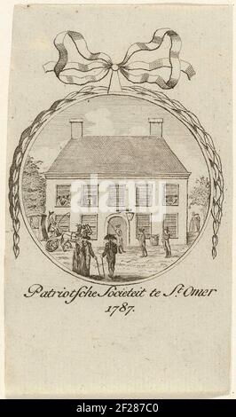 Medaillon incontrò de patriotse sociëteit te Sint-Omaars, 1787; Patriotsche Societeit te St. Omer 1787.Medallion in prua con la società patriota a Sint-Oraaars in Francia, dove i patrioti fuggirono dopo il recupero del Principe d'Orange nel 1787. Foto Stock