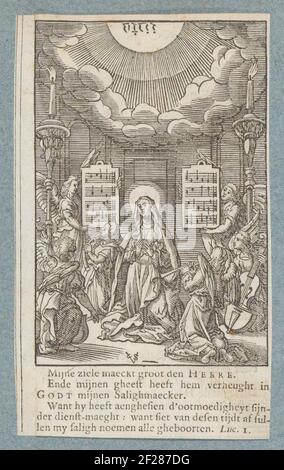 Maria omringd porta musicerende engelen.Maria in atteggiamento inginocchiato in una partenza. Prega Magnificat. Sopra la sua testa il tetragramma in una nuvola radiosa. Intorno ai suoi quattro angeli musicista (da sinistra a destra) che suonano la Viola da gamba, Krommoorn, Flauto e Viola da gamba. L'immagine NUTS della traccia che si sta giocando può essere vista su due tavolette, che sono cessate da due angeli in piedi. Sotto la mostra un testo in lingua olandese da Luc. 1. La stampa fa parte di un album. Foto Stock