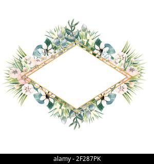 Montatura in oro a forma di diamante con piccoli fiori di actinidia, bouvardia, foglie tropicali e di palma. Bouquet di nozze in una cornice per il design di un elegante Foto Stock