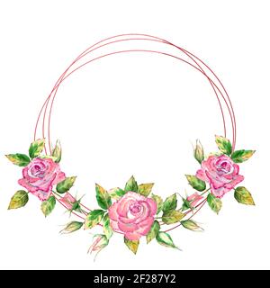 La cornice geometrica è decorata con fiori. Rose rosa, foglie verdi, fiori aperti e chiusi. Delicata illustrazione dell'acquerello Foto Stock