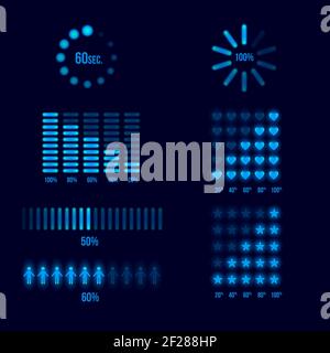 Serie di indicatori di avanzamento del caricamento. Carica e scarica, carica elemento, illustrazione vettoriale Illustrazione Vettoriale