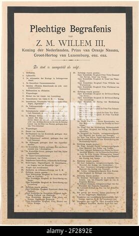 Plechtige Begrafenis van Z.M. Willem III, Koning der Nederlanden (...).scheda di testo con l'elenco dei nomi numerati 1-38 dei partecipanti alla processione funeraria. Appartiene alla stampa dei funerali di Re Willem III il 4 dicembre 1890 a Delft. Foto Stock