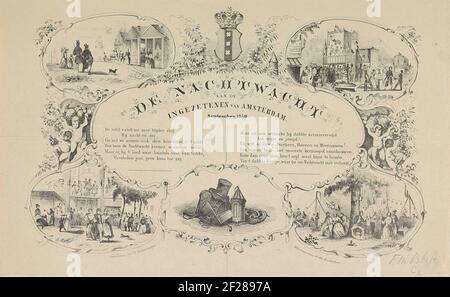 KermiSprent dell'orologio notturno di Amsterdam per l'anno 1850; l'orologio notturno per gli abitanti di Amsterdam. Settembre 1850.Kermispersprrent della sorveglianza notturna di Amsterdam (Rattlewacht), settembre 1850. Quattro spettacoli della Fiera sulle piazze di Amsterdam. In fondo ad una vignetta con gli abiti e gli strumenti dell'orologio notturno: Cappello, lanterna, corda e cricchetto. Con un fresco in due colonne. Foto Stock