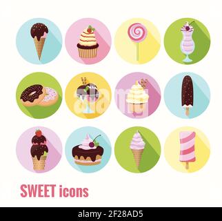 Collezione di icone vettoriali dolci con torte gelato ciambelle sundae frullato di latte e ghiaccio lolly con ciliegia di cioccolato e. guarnizioni di ghiaccio Illustrazione Vettoriale