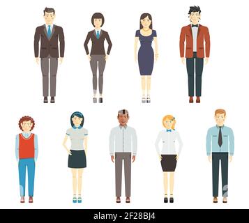 Set di caratteri umani piatti giovani uomini e donne membri di un gruppo o di un team di dipendenti aziendali che indossano un ufficio o abiti formali a lunghezza piena Illustrazione Vettoriale