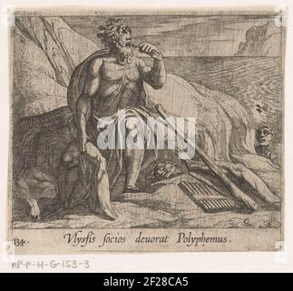 Polyphemus mangia gli uomini di Odysseus mentre Acaemides guarda; Ulyssis Socios Devorat Polyphemus; Metamorphoseon sive Transformationum; Metamorphoses da Ovid. Il mostruoso Polifemo gigante dall'occhio unico mangia gli uomini di Odysseo mentre Acaemide guarda segretamente. Titolo in latino in undermarge. Foto Stock