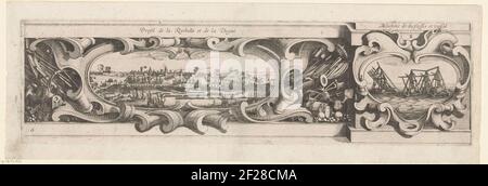 Assedio da la Rochelle, 1627 settembre-1628 ottobre (bordo, parte in basso a destra); Profil de la Rochelle et de la Digue / macchina il du Plessis et Vassal. Parte sottrattiva (bordo, parte in basso a destra) di una stampa dell'assedio dell'Huguenot Bolwerk la Rochelle negli anni 1627 e 1628, che è stato commissionato dal re francese dall'esercito francese sotto la guida del cardinale Richelieu. Su questa pala a destra una rappresentazione di una struttura in legno nel mare e mezzo / collega uno spettacolo (circondato da attributi militari) della diga che Richelieu aveva costruito prima dell'ingresso Foto Stock