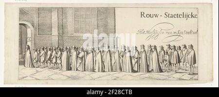 Corteo funebre di Willem Frederik, Conte di Nassau-Dietz (rivista 2), 1665; lutto-Staetelijcke splendore cadavere nell'uyt-vaert e begraefenisse dal corpo dimesso di (...) Wilhelm Frederich (...) Morto all'interno di Leeuwarden (...) Den een-and-TwinTichsten ottobre, MDCLXIV. E Aldaer in 't Choor van de Jacobijner Kerck, Den Vyfthienden dicembre MDCLXIV. Vecchio stile (...). Processione funebre di Willem Frederik, Conte di Nassau-Dietz, a Leeuwarden il 6 gennaio 1665. Inizio della Processione Funeraria all'ingresso del Jacobinkerk. N. 2 in un gruppo di 25 non assemblato numerato Foto Stock