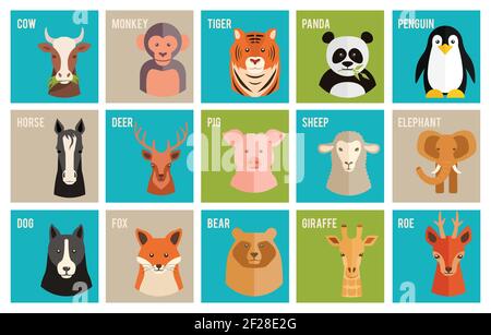 Set di colorate icone vettoriali cartoni animati di nome di animali e. animali domestici in stile piatto con le teste di un cavallo mucca scimmia tigre panda pinguino capriolo Illustrazione Vettoriale