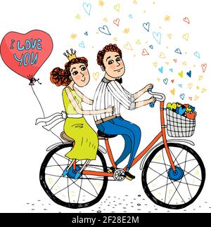 Due giovani amanti che cavalcano una bicicletta in tandem con una rossa Palloncino a forma di cuore con le parole - Io ti amo - galleggiando via la schiena e i cuori che spargono da Illustrazione Vettoriale