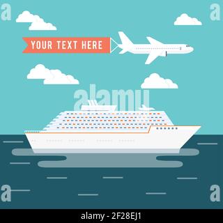 Disegno del manifesto del vettore di viaggio della nave da crociera e dell'aereo con un nave da crociera per passeggeri di grandi dimensioni in un viaggio attraverso l'oceano su una vacanza tropicale estiva e un Illustrazione Vettoriale