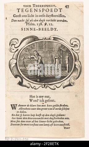 Tegenspoed geeft licht in de duisternis; Tegenspoedt geeft ons licht in onze duysternissen; Voorwinckel van Patentie in den dreven tegenspoedt.Page da un libro (p.47) con testo sul verso. In una cartouche ovale l'interno di una stanza. Due uomini hanno messo su varie candele, creando la stanza. Sopra la cartouche il titolo (motto) della stampa e una citazione della Bibbia (Salmo 138, 12). Sotto la stampa una didascalia: 'È la mia utilità, ottenere' il segno di spunta riconosciuto. ' e una descrizione fornisce la spiegazione: L'avversità appartiene alla vita così come alla prosperità, proprio come il giorno e la notte si seguono. Il buio ensur Foto Stock