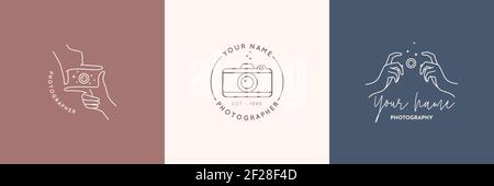 Logo lineare del fotografo. Le mani delle donne tengono l'otturatore della fotocamera. Logolo vettoriale per uno studio fotografico Illustrazione Vettoriale