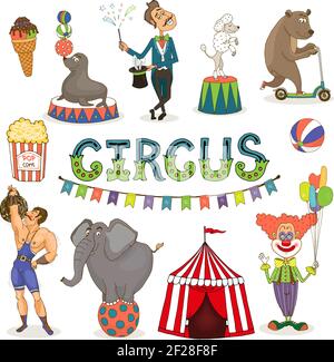 Colorato vettore circo luna Park e fairground icona insieme con un gelato equilibrando poodle di guarnizione e elefante mago orso popcorn uomo forte b Illustrazione Vettoriale