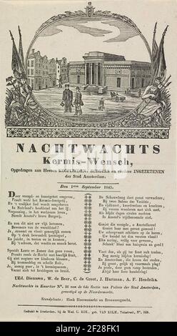 KermiSprent dell'orologio notturno di Amsterdam per l'anno 1845; Nightwacht Kermis-Wensch.Kermispersprent dell'orologio notturno di Amsterdam (Rattelwacht), 1 settembre 1845. Alcuni uomini camminano di notte con i Ratches attraverso UNA strada per l'Haarlemmerpoort. Performance ovale con la libertà sinistra e destra un Dio fiume. Con un fresco in due colonne. Per conto dell'Orologio notturno in quarti n. 26 della VI Sezione di polizia: W. de Beer, C. de Groot, J. Hartman e A.F. Hendriks. Foto Stock