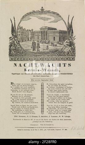 KermiSprent dell'orologio notturno di Amsterdam per l'anno 1845; Nightwacht Kermis-Wensch.Kermispersprent dell'orologio notturno di Amsterdam (Rattelwacht), 1 settembre 1845. Alcuni uomini camminano di notte con i Ratches attraverso UNA strada per l'Haarlemmerpoort. Performance ovale con la libertà sinistra e destra un Dio fiume. Con un fresco in due colonne. Per conto dell'Orologio Notturno. 21 della seconda Sezione di polizia: G.J. Uleman, L. Scholten, J. Lamoree e G.W. Lohuijs. Foto Stock