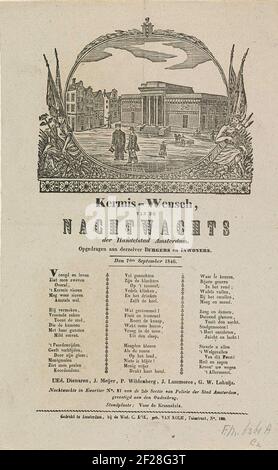 KermiSprent dell'orologio notturno di Amsterdam per l'anno 1846; Kermis-Wensch, dal Nachtwacht der Handelstad Amsterdam.Kermispersprrent dell'orologio notturno di Amsterdam (Rattlewacht), 7 settembre 1846. Alcuni uomini camminano di notte con i Ratches attraverso UNA strada per l'Haarlemmerpoort. Performance ovale con la libertà sinistra e destra un Dio fiume. Con un fresco in tre colonne. 21 della seconda sezione della polizia: J. Meijer, P. Wildenberg, J. Lammoree e G.W. Lohuijs. Foto Stock