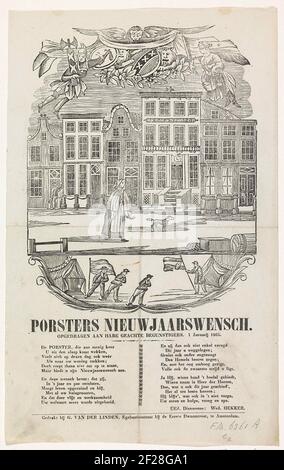 Nieuwjaarswens van de Amsterdam porsters voor het jaar 1865; Porsters Nieuwjaarswensch (...) aan hare geachte Begunstigers (...) 1865.New Year's Wish da Amsterdam Porsters (sveglie) per l'anno 1865. Vista all'esterno di Amsterdam con l'edificio Zeemanshoop, una donna cammina con un cane sulla strada e un uomo bussa a una casa alla porta. In cima ad una vignetta allegorica con il braccio della città. Giù alcuni pattinatori sul ghiaccio. Con un fresco in due colonne. A nome del Porster. Hourk. Foto Stock