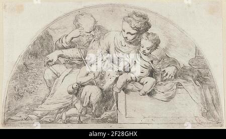 Heilige Familie incontrò de jonge Johannes de doper.Joseph, Maria, il bambino di Cristo e il giovane Giovanni Battista con il suo agnello. Foto Stock