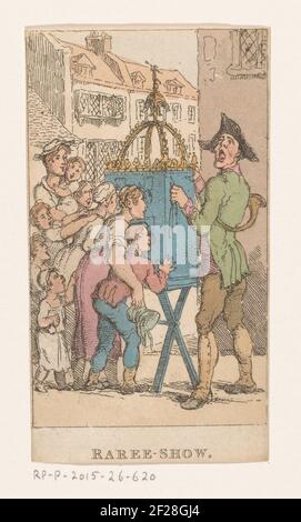 I bambini intorno ad un armadio di osservazione su una piazza; spettacolo raro; scene di strada; schizzi caratteristici degli ordini inferiori.il proprietario del viewbox tira alle corde che sono attaccate al cupboard, sotto il suo braccio indossa una tromba. Foto Stock