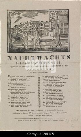 KermiSprent dell'orologio notturno di Amsterdam per l'anno 1835; Nightwachts Kermis-Wensch.Kermispersprent dell'orologio notturno di Amsterdam (Rattlewacht), 7 settembre 1835. Alcuni uomini camminano con le ratches lungo UN canale di notte. Con un fresco in due colonne. 21 del corpo di Zuider de Garde: M. Mans, H. Sigman, J. Veldman e D. Voerman. Foto Stock