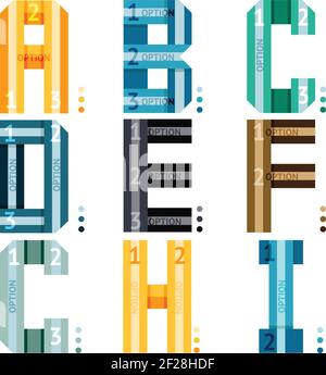 Lettere dell'alfabeto vettoriale con strisce e opzioni numeriche da utilizzare come elementi deisgn infografici a-b-c-d-e-f-g-h-i una raccolta di parti in una serie di Illustrazione Vettoriale