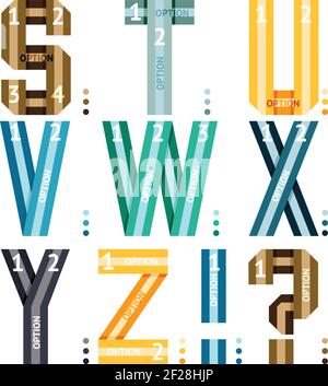 Lettere alfabetiche vettoriali di nastri e linee con opzioni numeriche per l'uso in infografiche come s-t-u-v-w-x-y-z insieme a un punto esclamativo e quest Illustrazione Vettoriale