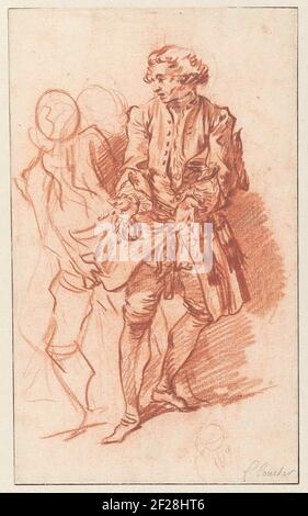 Studio per la Flèche le cui tasche sono state ricercate da Harpagon.Boucher illustrato una speciale edizione delle opere complete del drammaturgo francese Molière. Questo disegno mostra una scena da l’Ava (il misero) in cui il vecchio misero Harpagon cerca le tasche del suo cameriere, la Flèche, per soldi. Boucher rese Harpagon in modo schizzoso per provare come avrebbe infine posto le due figure nella composizione finale. Foto Stock