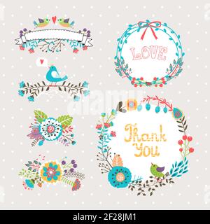 fiori grafici e corone disegnati a mano vettoriali per inviti e biglietti d'auguri Illustrazione Vettoriale