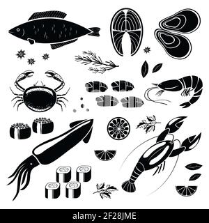 vector seafood icone sagome nere su sfondo bianco Illustrazione Vettoriale