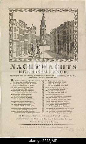 KermiSprent dell'orologio notturno di Amsterdam per l'anno 1837; Nightwacht Kermis-Wensch.Kermispersprrent dell'orologio notturno di Amsterdam (Rattelwacht), 4 settembre 1837. Alcuni uomini camminano con Ratches by a Street di notte. In lontananza il Westertoren. Con un fresco in due colonne. 26 del corpo del giardino di Garde: J. Dolleve Keets, J. Krijsoijn, J. Koper e F. strati di lanugine. Foto Stock