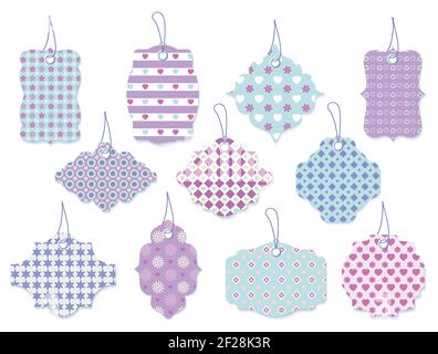 Grande insieme di undici graziosi tag vettoriali ed etichette con fiori e cuori in forme ornate e colori pastello per regali per occasioni speciali Illustrazione Vettoriale