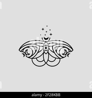 Logo mistico a farfalla con luna e stelle in uno stile lineare minimale alla moda. Emblema vettore simbolo della stregoneria Illustrazione Vettoriale