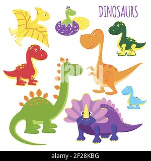 Serie carina di icone vettoriali di cartoni animati vivaci e dai colori vivaci baby dinosauri per bambini che mostrano una varietà di specie clipart su bianco Illustrazione Vettoriale