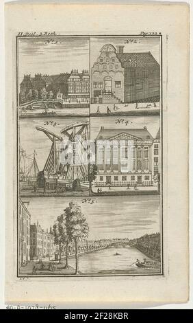 Verschillende gebouwen en gezichten te Amsterdam.tre edifici e volti numerati ad Amsterdam: Artiglieria e case di coro della città, ufficio di intermediazione a Nieuwezijds Voorburgwal, gru navali sulla IJ, casa trippen, faccia della curva dorata del Herengracht. Gli edifici e le facce sono forniti con spiegazione sul foglio di testo corrispondente. PRENT sinistra e in alto a destra con etichetta: II Parte. Libro - Pag: 122 *. Foto Stock