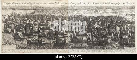 De vlootlanding bij Philippine, 1600; Ectyoma classis bis mille octingentarum navium Duktore Illustrissimo Principe Mauriziano Nassovio in Flandriam appulsae. XXII. Juny. M.VI.C. la flotta che atterra a Filippine. La flotta statale di Maurits per le Filippine dove gli uomini sono presi a bordo, 22 giugno 1600. Tour di Ostenda dell'Esercito di Stato, 19-27 giugno 1600. In basso a sinistra una cartouche con l'assegnazione al principe Maurits. In basso a destra di una cartouche con i nomi dell'inventore e dell'editore. Con una didascalia di 12 versi di 3 regole in latino ciascuno. Tutta la performance stampata su 2 shee separate Foto Stock