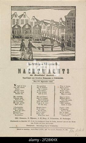 KermiSprent dell'orologio notturno di Amsterdam per l'anno 1846; Kermis-Wish, dai nighttwachts della città commerciale di Amsterdam.Kermispersprrent dell'orologio notturno di Amsterdam (Rattelwacht), 7 settembre 1846. Alcuni uomini camminano con le ratches lungo UN canale di notte. Un uomo Picks in su i soldi ad una casa. Con un fresco in tre colonne. Per conto della sorveglianza notturna nei quarti n° 2 del Leidscheport Corps de Garde della V Sezione di polizia: O. Hijmans, J.H. Neep, P. Schuurman EM H. Poelmeijer. Foto Stock